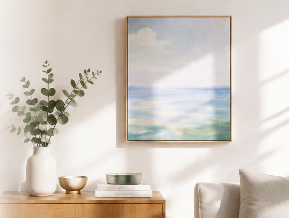額装された油絵が飾られた、落ち着いた室内の様子